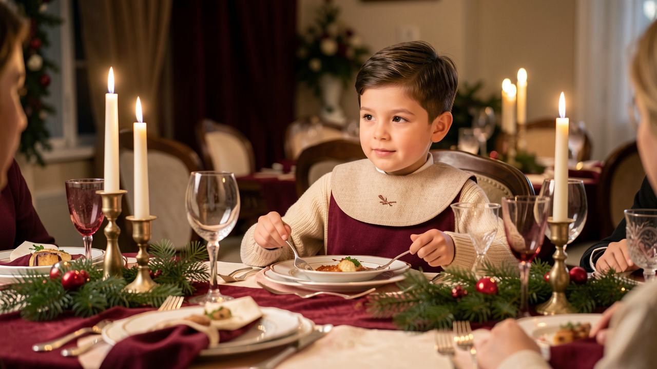 Jeune garçon portant un accessoire de table élégant lors d’un repas de fête soigneusement dressé.
