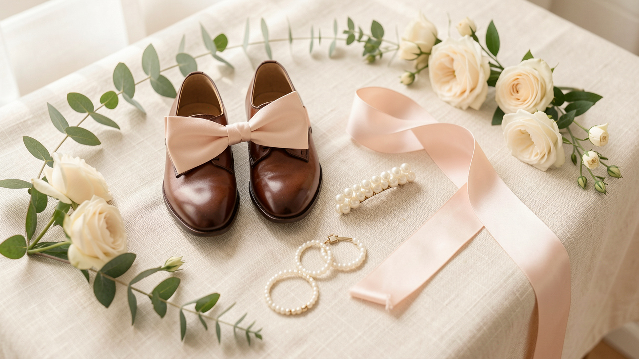 Accessoires délicats pour une cérémonie d’enfant disposés sur un tissu en lin ivoire, avec un nœud papillon en satin, des chaussures habillées, une pince à cheveux perlée, un bracelet et une ceinture pastel.