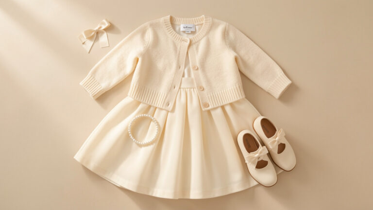 Tenue de cérémonie d’enfant présentée avec une robe ivoire, un cardigan délicat, des chaussures élégantes, un ruban pour les cheveux et un bracelet discret.