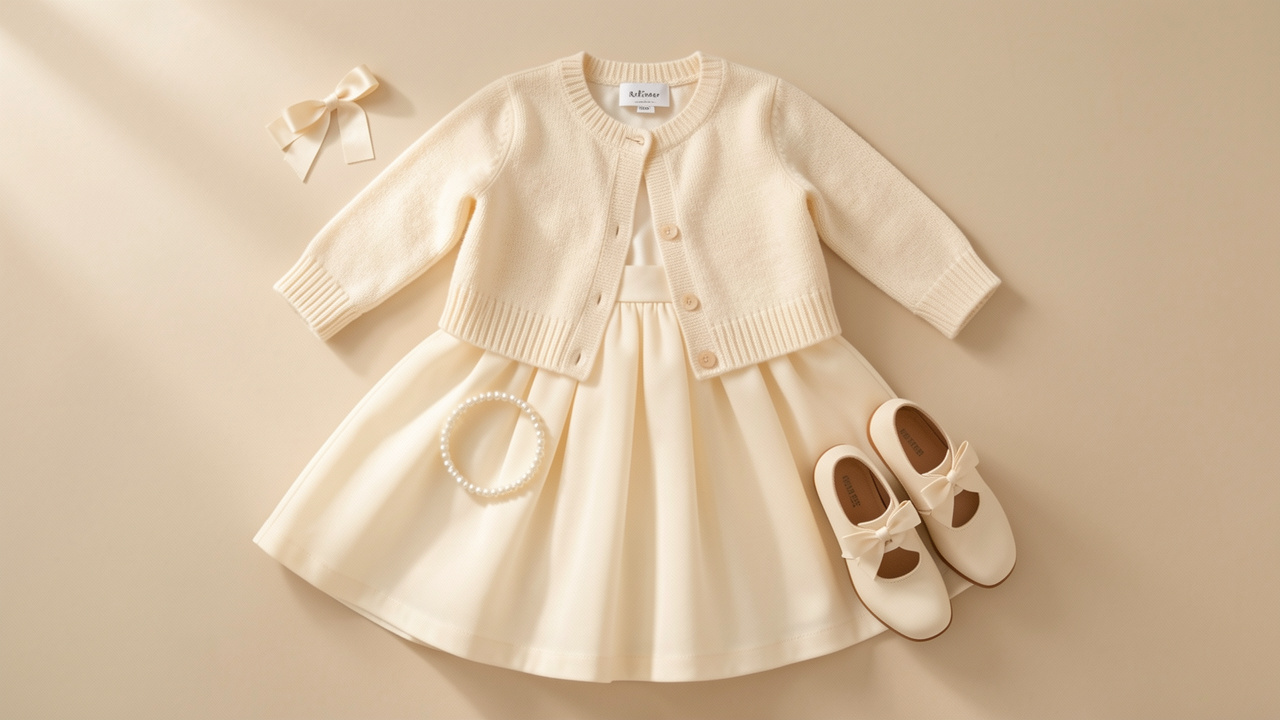 Tenue de cérémonie d’enfant présentée avec une robe ivoire, un cardigan délicat, des chaussures élégantes, un ruban pour les cheveux et un bracelet discret.