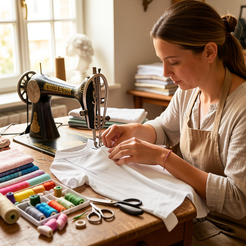 Artisane française confectionnant avec soin un vêtement pour enfant dans un atelier lumineux, entourée de tissus, de fils et d’outils de couture.