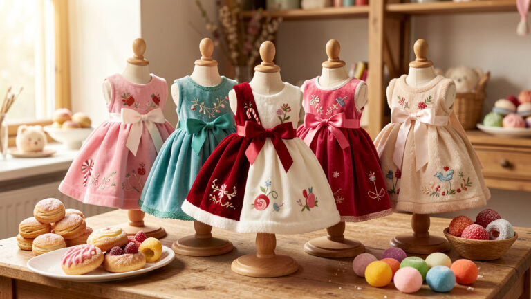 Collection de tenues de fête pour enfants, aux couleurs et textures inspirées des gourmandises, présentée dans un atelier de confection chaleureux.