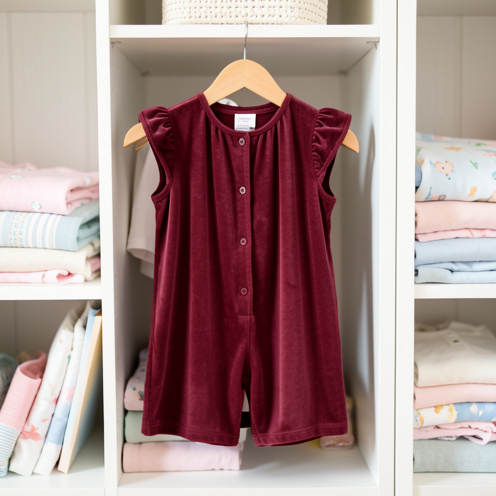 Barboteuse en velours bordeaux pour fille présentée sur un cintre en bois dans une chambre lumineuse.
