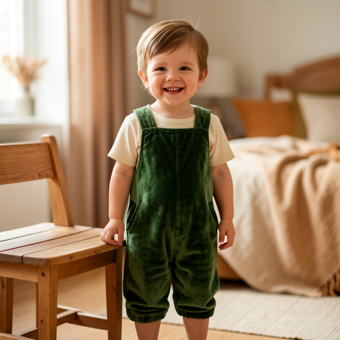 Jeune garçon portant une barboteuse en velours vert forêt avec une chemise crème, dans une chambre éclairée par la lumière naturelle.