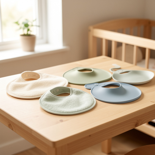 Collection de bavoirs pour bébé de différentes formes, matières et tailles, disposés sur une table en bois dans une chambre aux tons pastel.