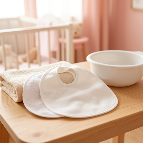 Collection de bavoirs pour bébé en coton, tissu éponge et silicone, disposés avec une serviette et une bassine dans une chambre aux teintes pastel.