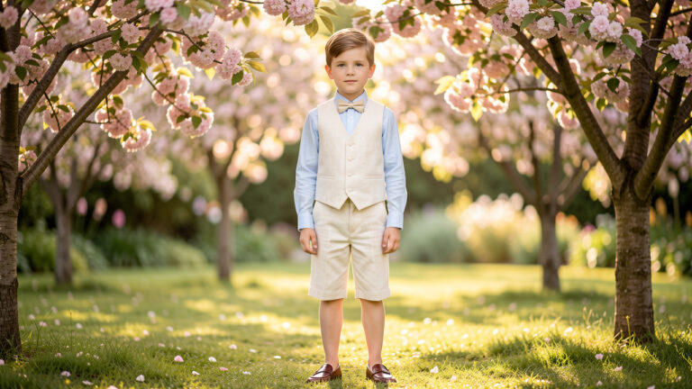 Un jeune garçon porte une tenue chic et confortable avec un bermuda élégant dans un jardin fleuri baigné de lumière.