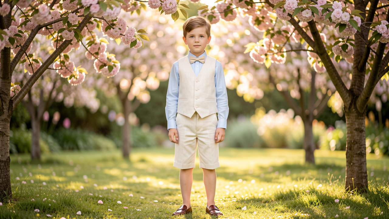 Un jeune garçon porte une tenue chic et confortable avec un bermuda élégant dans un jardin fleuri baigné de lumière.