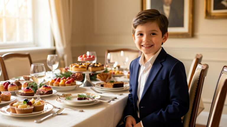 Jeune garçon portant un blazer bleu marine près d’une table de fête garnie de plats gourmands et de pâtisseries.