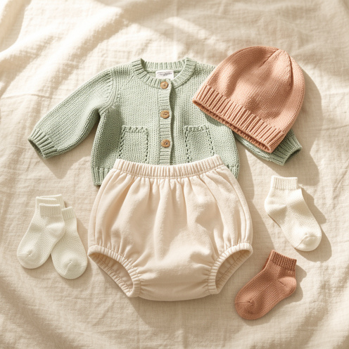 Ensemble de vêtements pour bébé avec bloomer en coton, gilet tricoté, chaussettes et bonnet dans des tons pastel, disposés sur une couverture en lin clair.