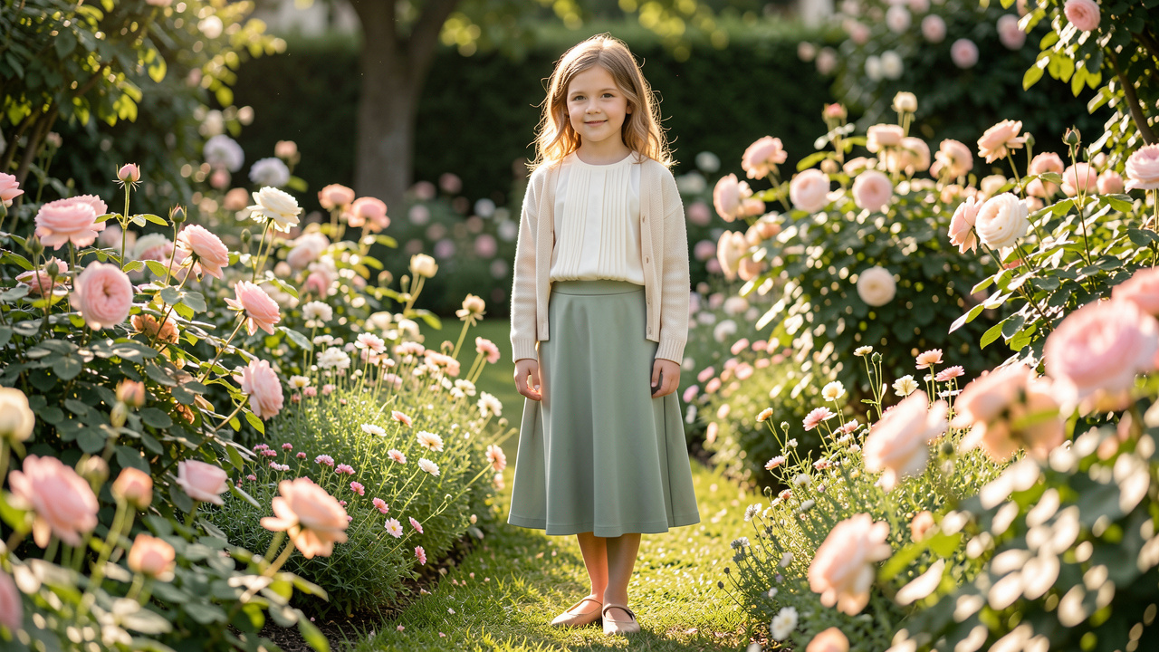 Fillette portant une blouse ivoire élégante avec une jupe vert sauge dans un jardin fleuri lors d’une cérémonie.
