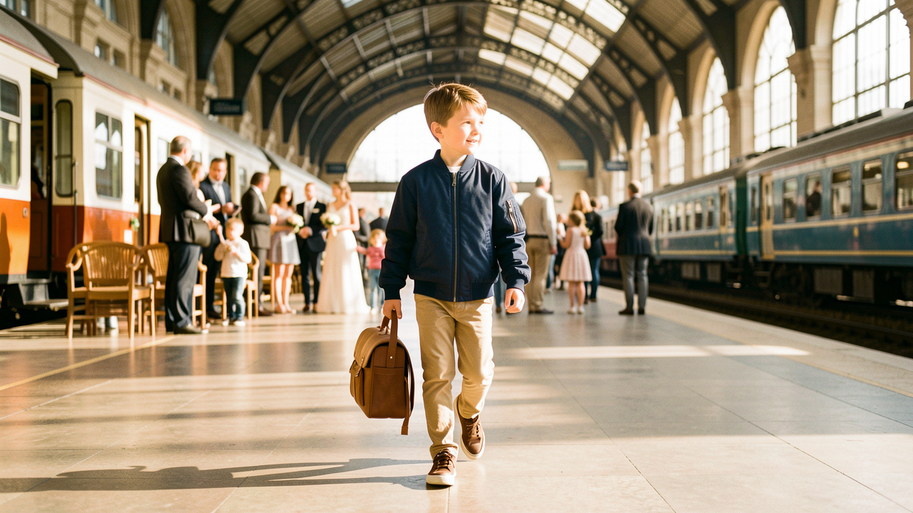 Jeune garçon portant un bomber bleu marine et une tenue élégante dans une gare lumineuse, prêt à voyager vers une cérémonie familiale.
