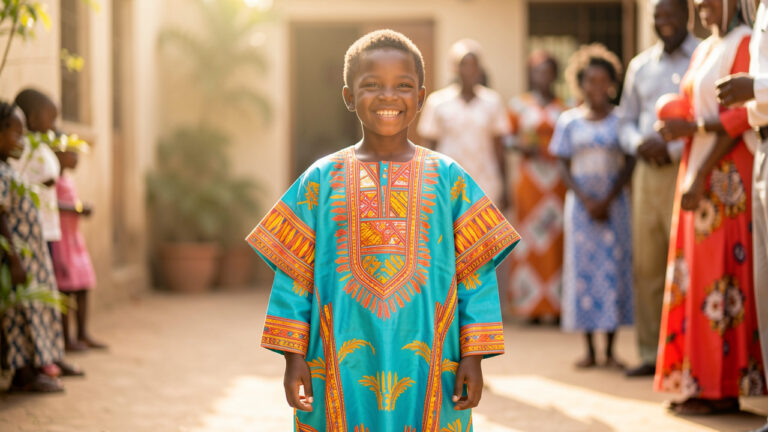 Jeune garçon ouest-africain portant un boubou coloré et confortable dans une cour lumineuse, pour une occasion festive.