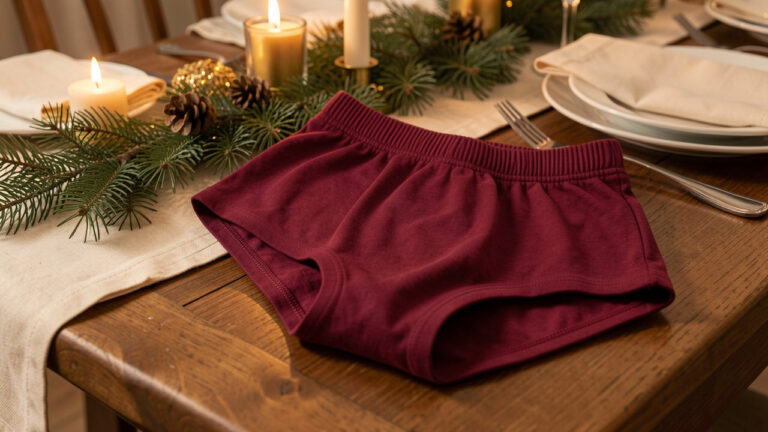 Boxer pour enfant en coton doux, présenté près d’une table de fête chaleureusement décorée.