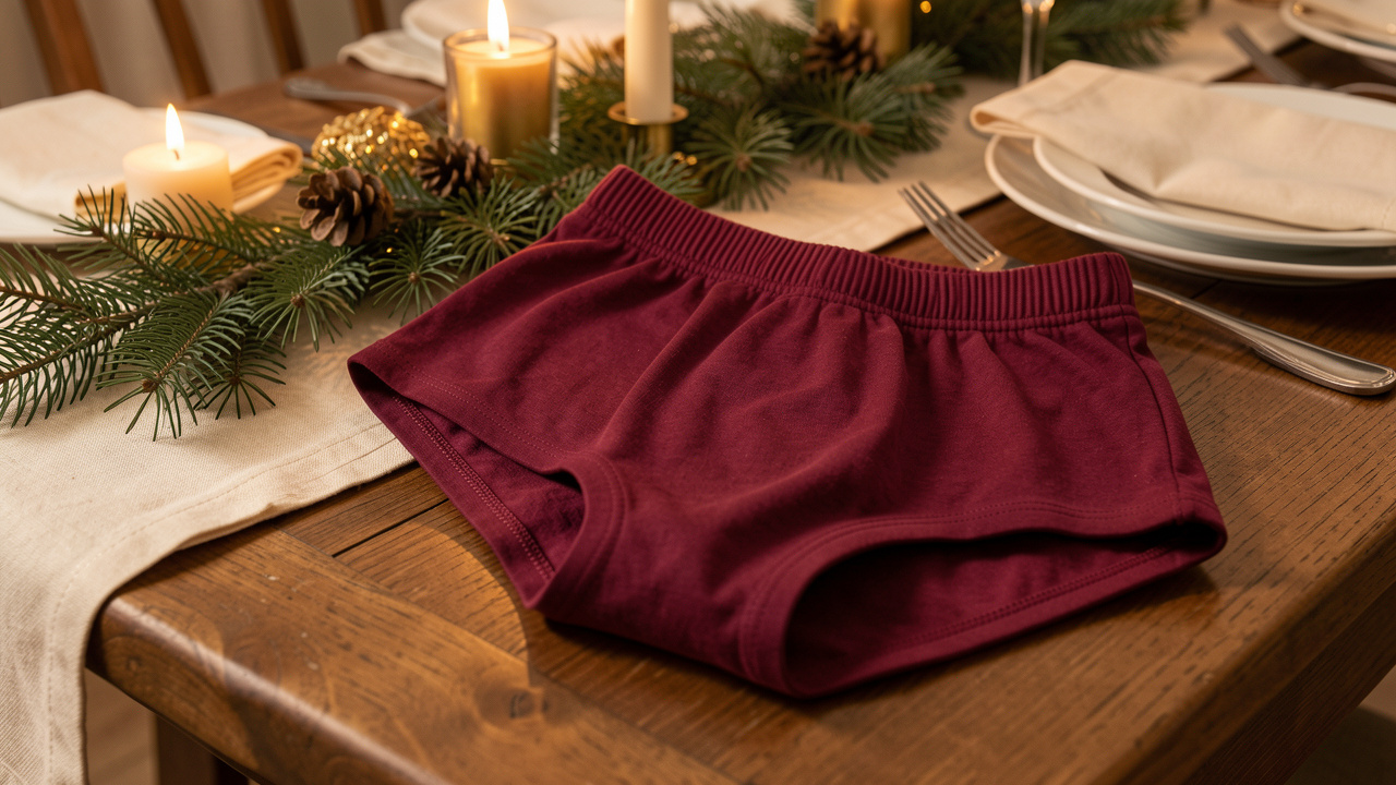 Boxer pour enfant en coton doux, présenté près d’une table de fête chaleureusement décorée.