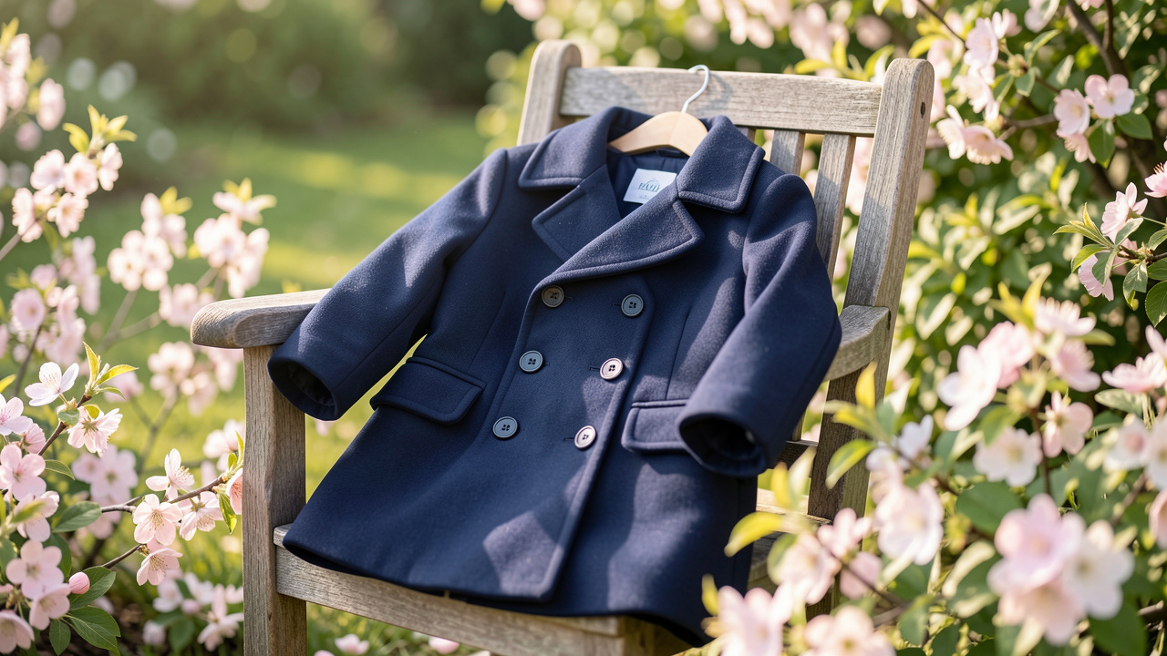 Caban enfant bleu marine élégant posé sur une chaise de jardin au milieu des fleurs printanières.