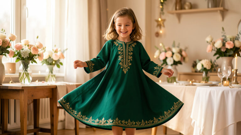 Jeune fille portant un caftan vert émeraude orné de broderies dorées lors d’une fête de famille.