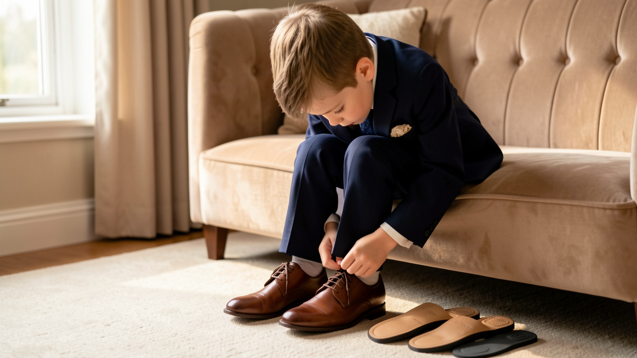 Un jeune garçon en tenue habillée essaie des chaussures de cérémonie confortables près d’un banc en velours.