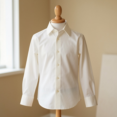 Chemise de cérémonie ivoire pour garçon présentée sur un mannequin enfant, avec col structuré, coupe ajustée, manches longues et tissu en coton raffiné.
