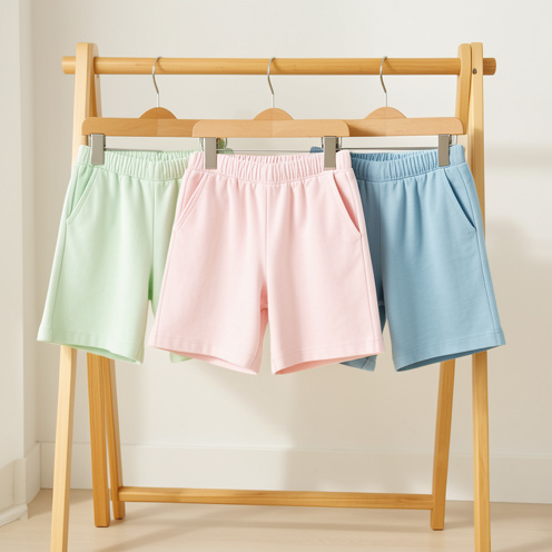 Différentes culottes courtes pour enfant présentées dans plusieurs coupes, longueurs, matières et couleurs pastel.