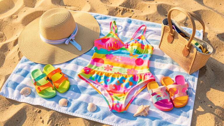 Maillot de bain deux pièces pour enfant posé sur une serviette de plage avec un chapeau, des sandales et des coquillages.