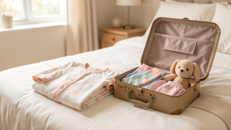 Nuisette enfant en coton doux soigneusement pliée dans une valise ouverte avec des vêtements de nuit et une peluche.