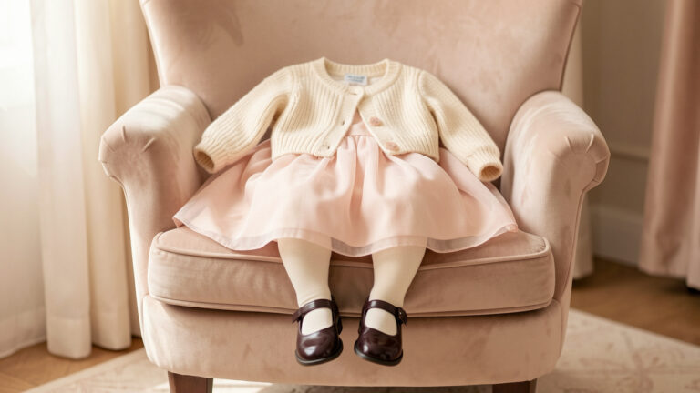 Tenue élégante pour enfant avec collants ivoire, chaussures habillées, robe pastel et gilet doux, présentée sur un fauteuil en velours.