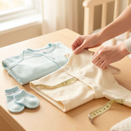 Combinette en coton pour bébé présentée avec des vêtements pliés, des chaussettes et un mètre ruban dans une chambre douce et lumineuse.