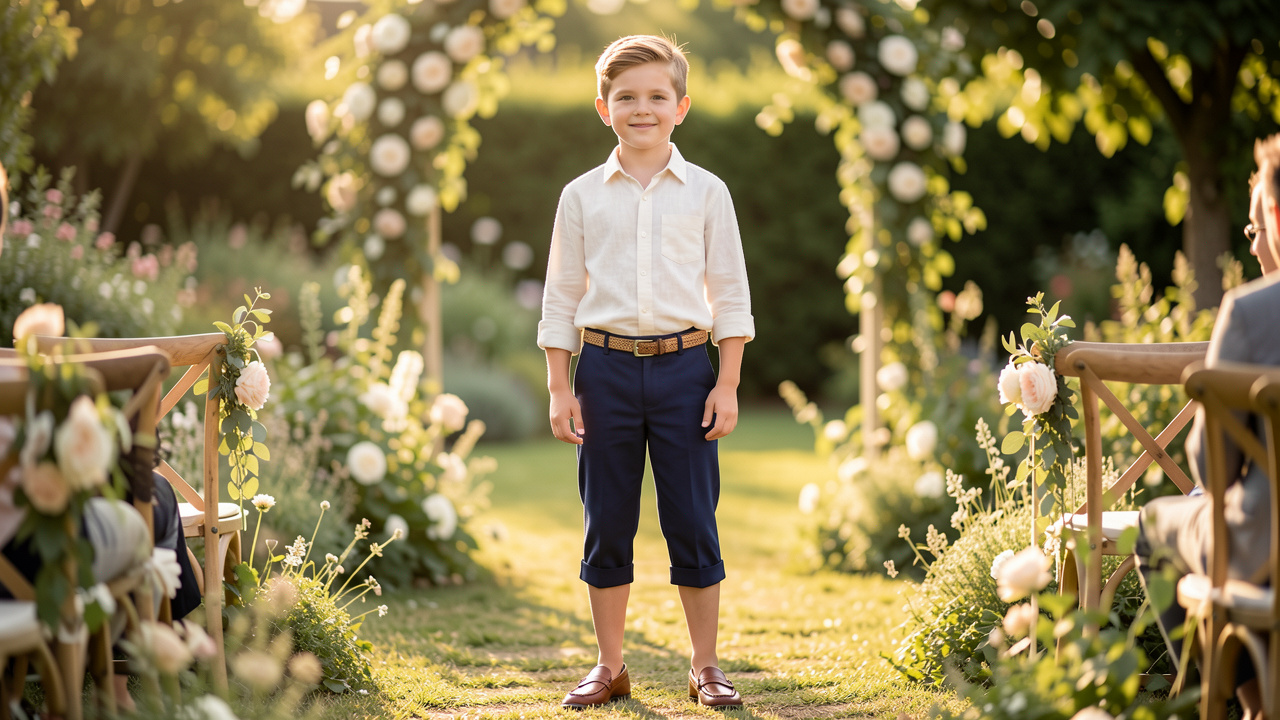 Jeune garçon portant une tenue chic d’été avec une chemise en lin ivoire et un pantalon corsaire bleu marine dans un jardin ensoleillé.