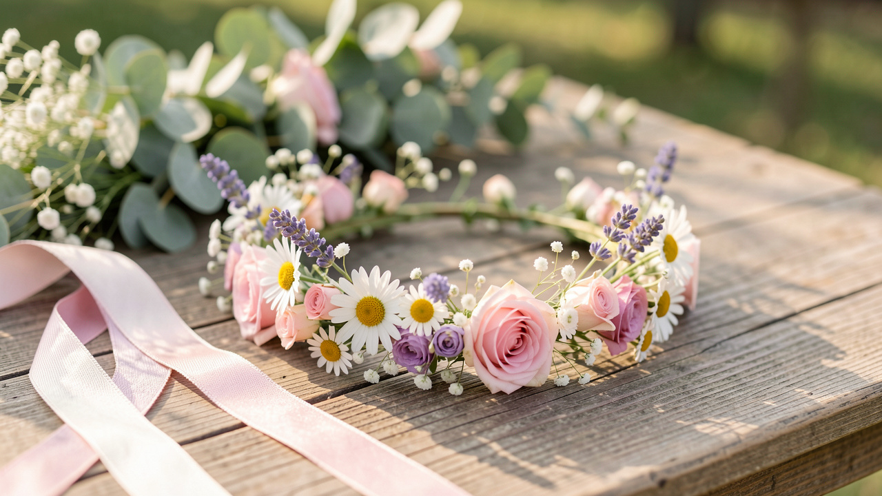 Couronne de fleurs délicates pour enfant, composée de marguerites, de camomille, de petites roses, de lavande et de gypsophile, posée sur une table en bois dans un jardin.