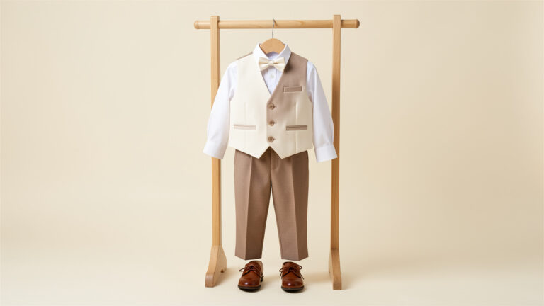 Gilet élégant pour enfant présenté avec une chemise blanche, un pantalon habillé, des chaussures soignées et un nœud papillon.