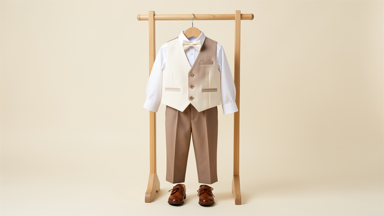 Gilet élégant pour enfant présenté avec une chemise blanche, un pantalon habillé, des chaussures soignées et un nœud papillon.