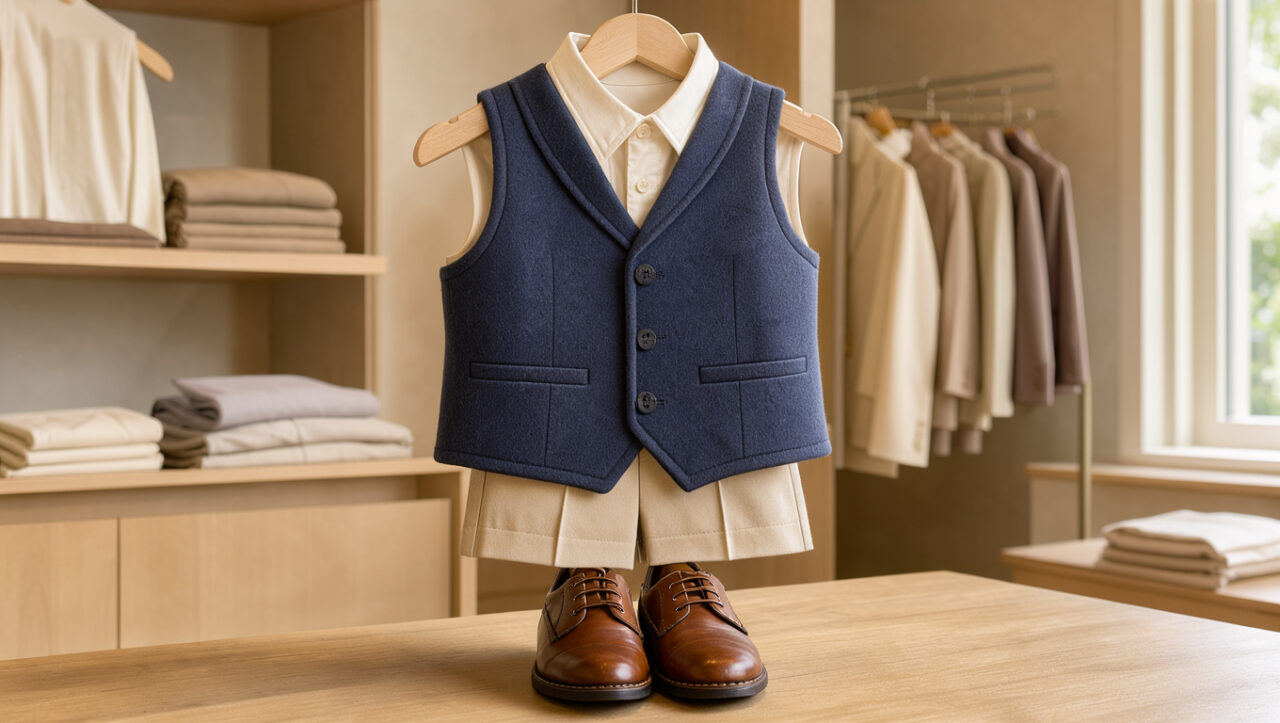 Gilet sans manches bleu marine pour enfant, associé à une chemise ivoire et un pantalon beige dans une tenue élégante de cérémonie.