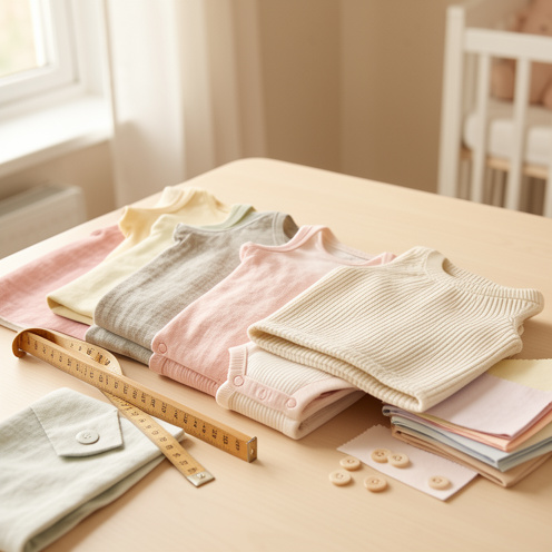 Collection de barboteuses pour bébé de différentes tailles et matières, présentées avec un mètre ruban et des échantillons de tissus dans une chambre lumineuse.