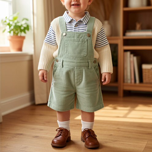 Tenue enfant composée d’une culotte courte à bretelles vert sauge, d’un pull écru, d’une chemise rayée, de chaussettes et de chaussures marron.
