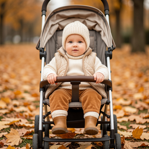 Bébé fille habillée chaudement pour l’automne, assise dans une poussette parmi les feuilles dorées.