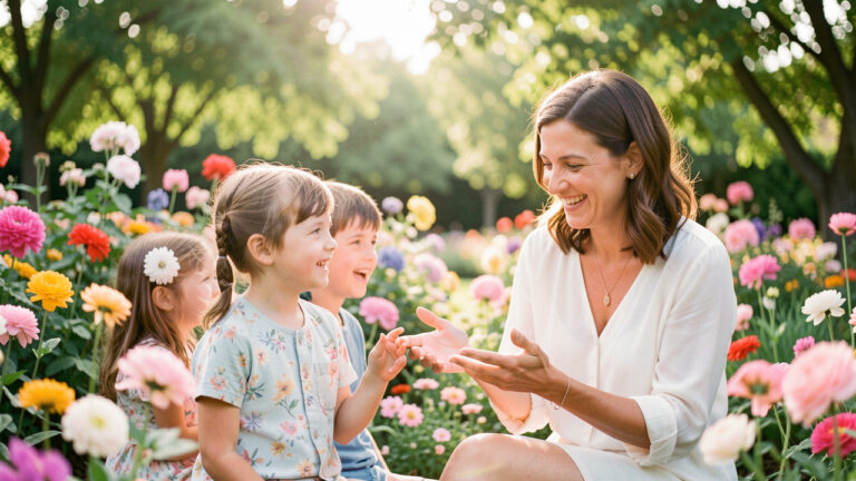 Une fille et un garçon écoutent une conteuse souriante dans un jardin fleuri avant une cérémonie en plein air.