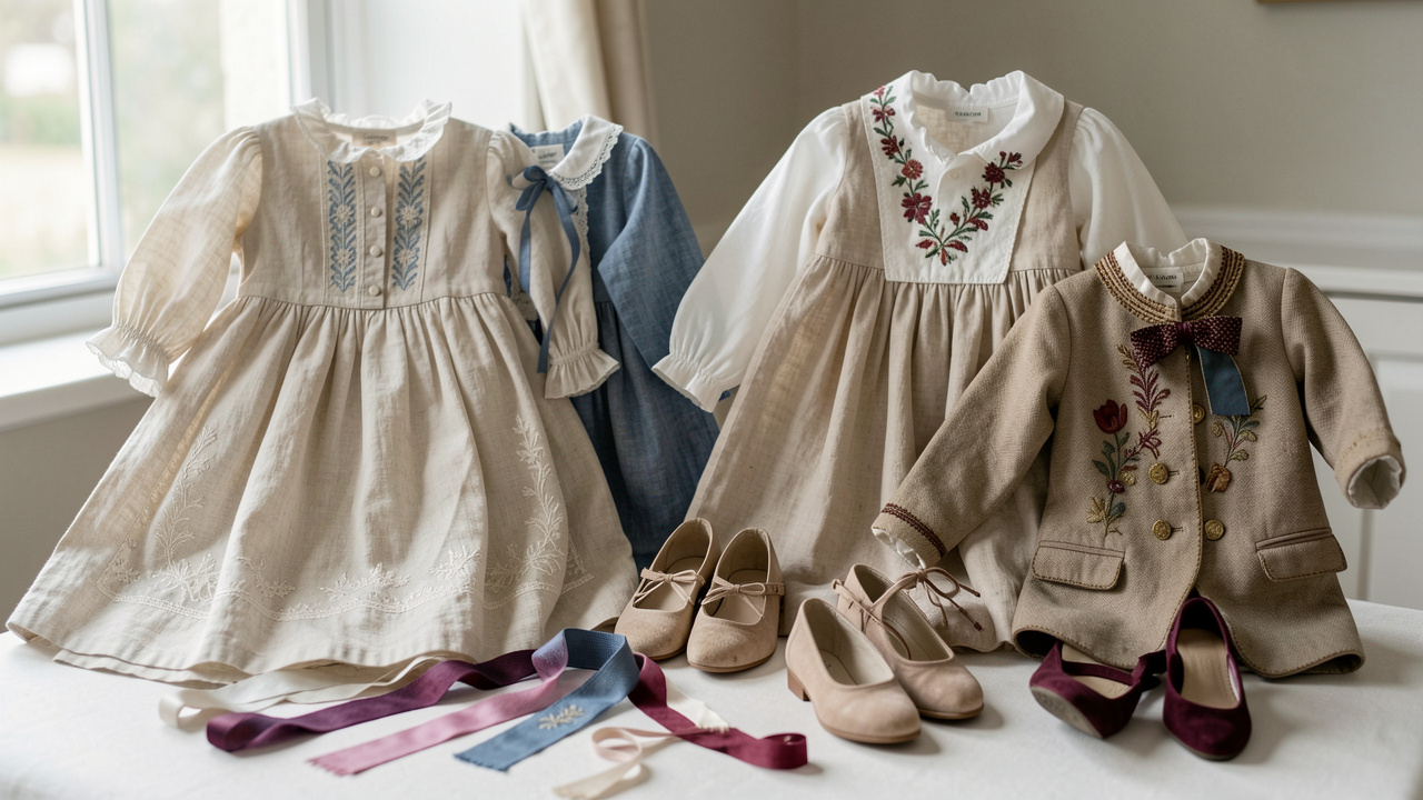 Collection de vêtements d’enfants anciens et d’accessoires cérémoniels présentés comme un héritage familial à travers les époques.