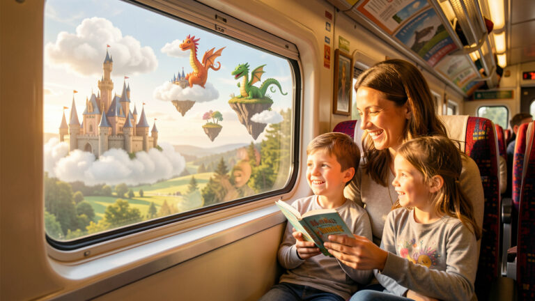 Une femme raconte des histoires imaginaires à un garçon et une fille pendant un trajet en train, tandis que des nuages évoquent des châteaux et des dragons au-dehors.