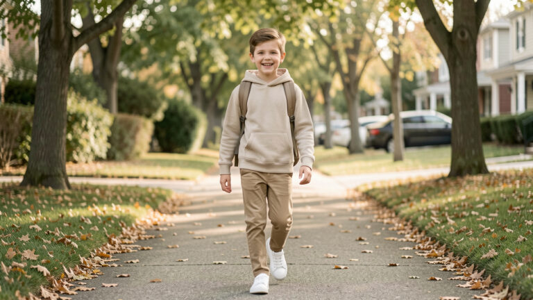 Jeune garçon portant un hoodie en coton, un pantalon chino et des baskets blanches pour une tenue quotidienne confortable et soignée.