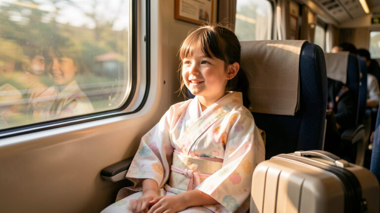 Jeune fille portant un kimono léger en coton, confortablement installée près d’une fenêtre de train avec une petite valise.