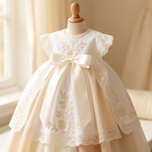 Lange blanc de baptême présenté sur un petit mannequin en bois, orné de broderies florales ivoire, de dentelle délicate et de rubans satinés.