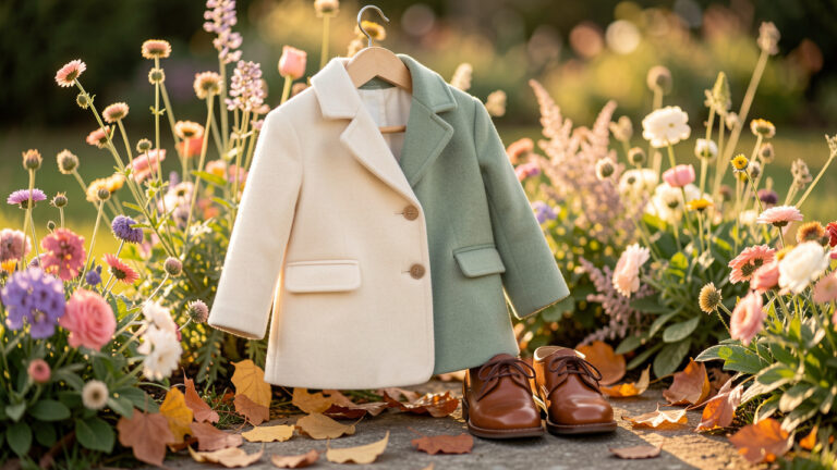 Manteau élégant pour enfant présenté dans un jardin fleuri aux couleurs douces, adapté à une cérémonie par temps frais.