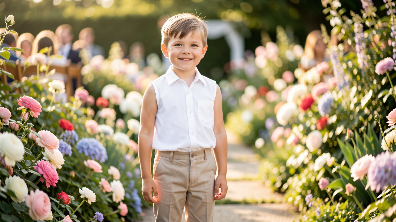 Jeune garçon portant un élégant débardeur blanc et un pantalon beige dans un jardin fleuri lors d’une cérémonie en plein air.