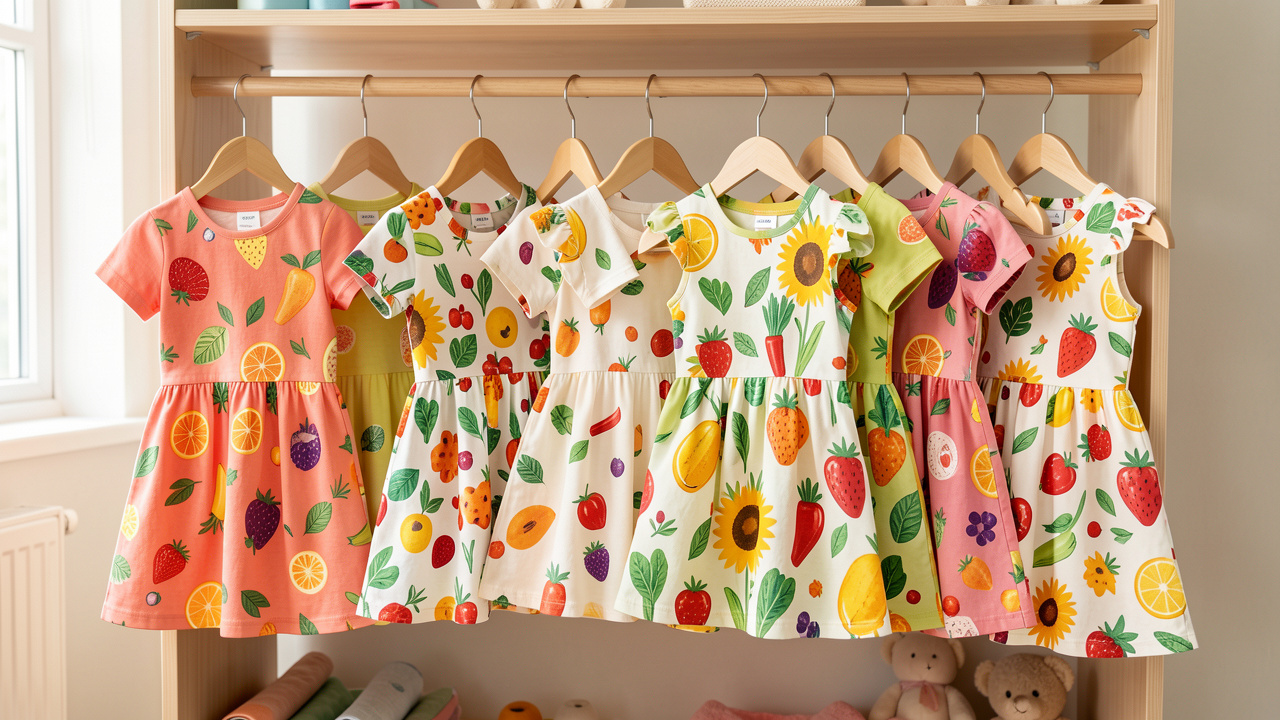 Collection de vêtements pour enfants aux motifs colorés de fruits et de légumes, présentée dans une penderie lumineuse.