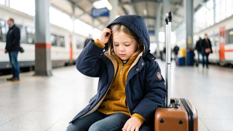 Une fille portant une parka chaude et légère, assise près d’une valise dans une gare lumineuse avant un voyage.