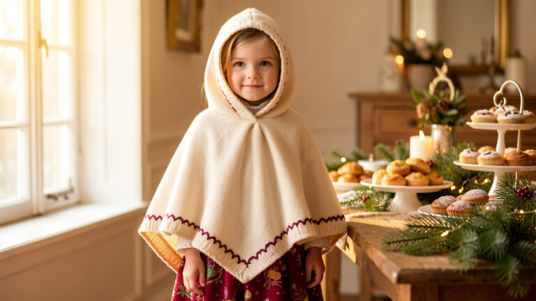 Jeune fille portant un poncho en laine crème à capuche avec des détails bordeaux, dans une ambiance chaleureuse de goûter et de fête d’hiver.