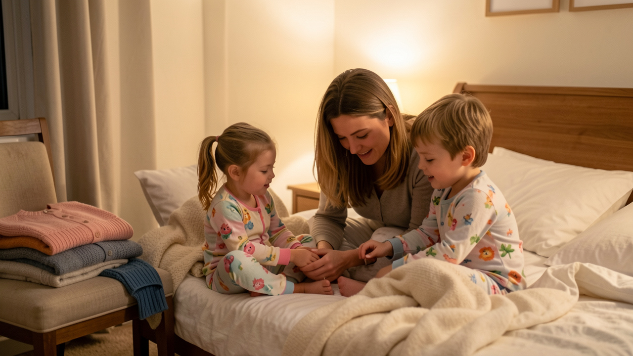 Une mère partage un moment tendre avec une fille et un garçon dans une chambre chaleureuse avant le coucher, tandis que leurs vêtements préférés sont soigneusement posés sur une chaise.