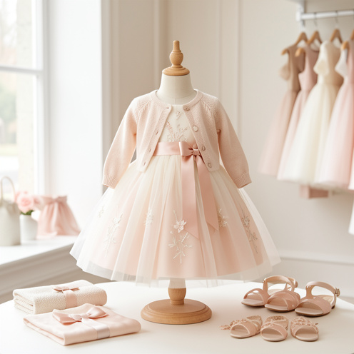 Robe de cérémonie pour enfant en ivoire et rose poudré, présentée sur un petit mannequin dans une boutique lumineuse, avec une jupe en tulle et des détails floraux.