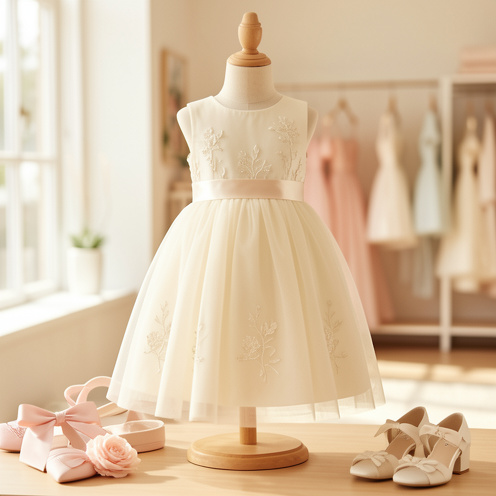 Robe habillée crème pour fille présentée sur un mannequin, avec une jupe en tulle et des détails floraux délicats.